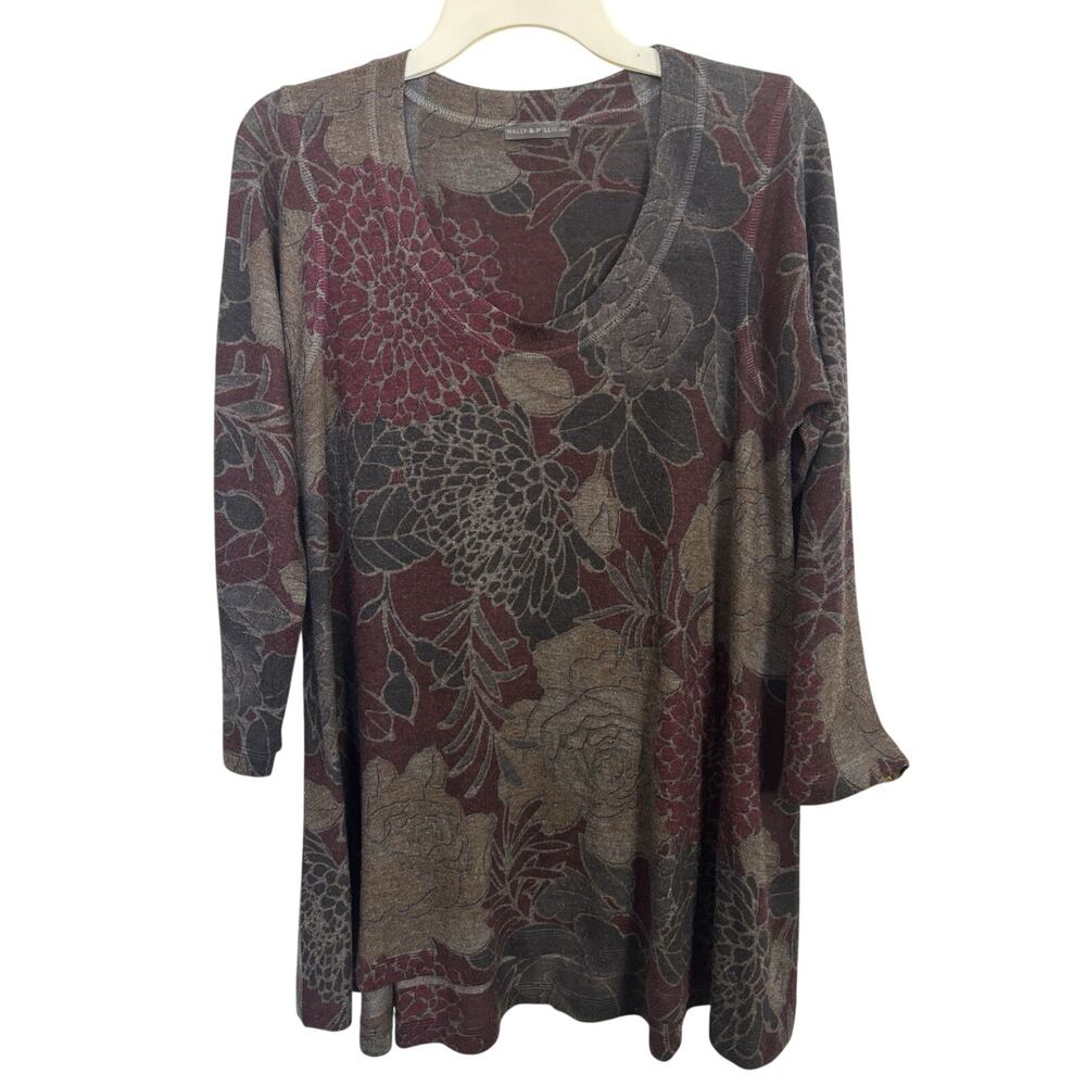 Nally & Millie Burgundy Gray Floral Tunic Top Size Medium Abstract Stretch Artsy